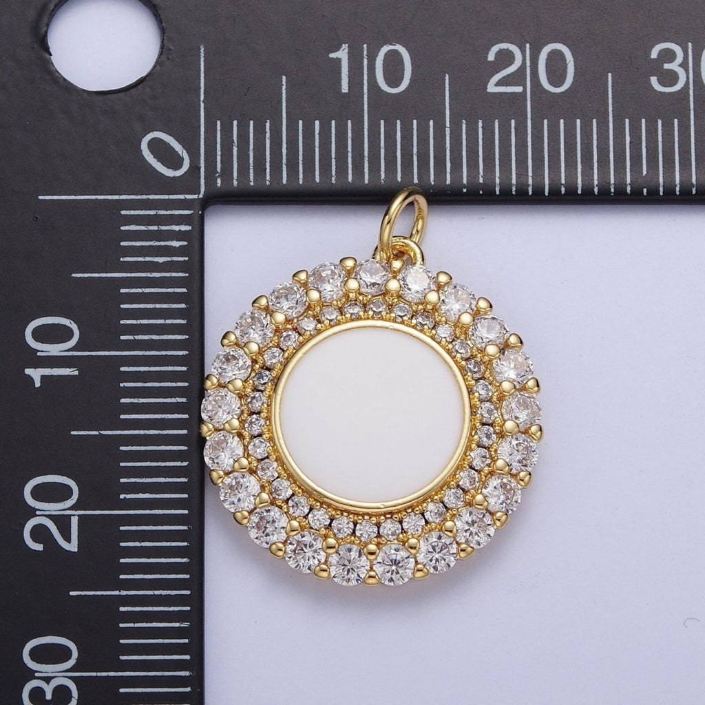 24K Gold plated Micro Paved Round Lining Round White Enamel Coin Charm | M-495 - DLUXCA