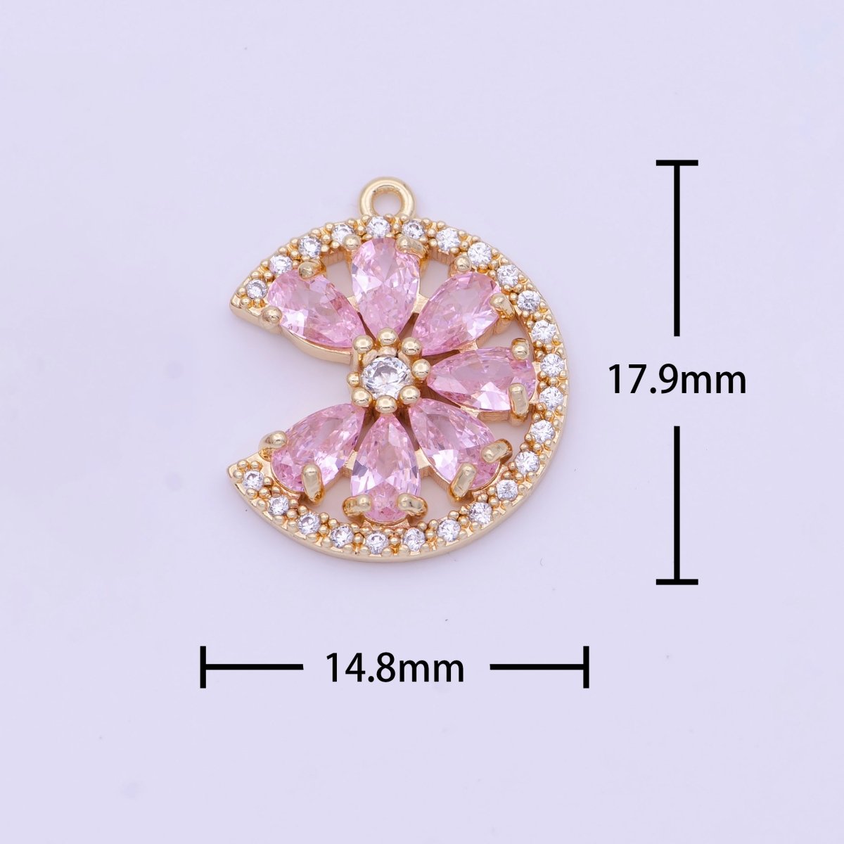 24K Gold plated Micro Paved Teardrop CZ Crescent Moon Flower Charm | X-744 X-745