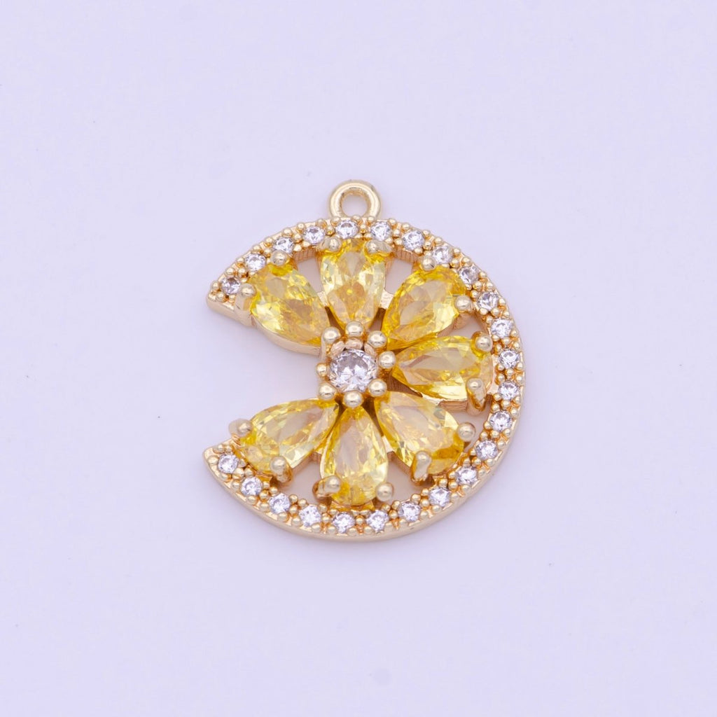 24K Gold plated Micro Paved Teardrop CZ Crescent Moon Flower Charm | X-744 X-745