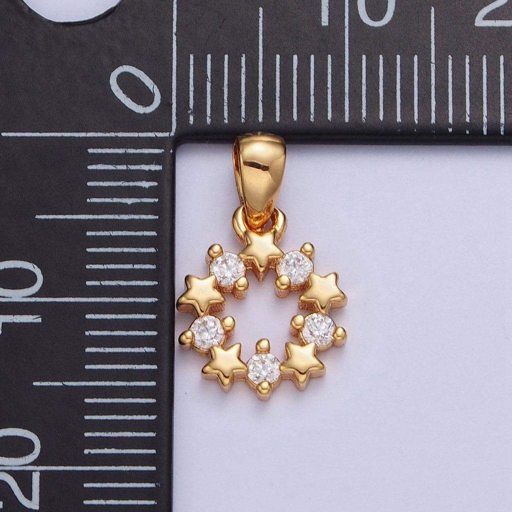 24K Gold plated Mini Round Open Celestial Star Cubic Zirconia Open Round Medallion Pendant Charm X-449 - DLUXCA