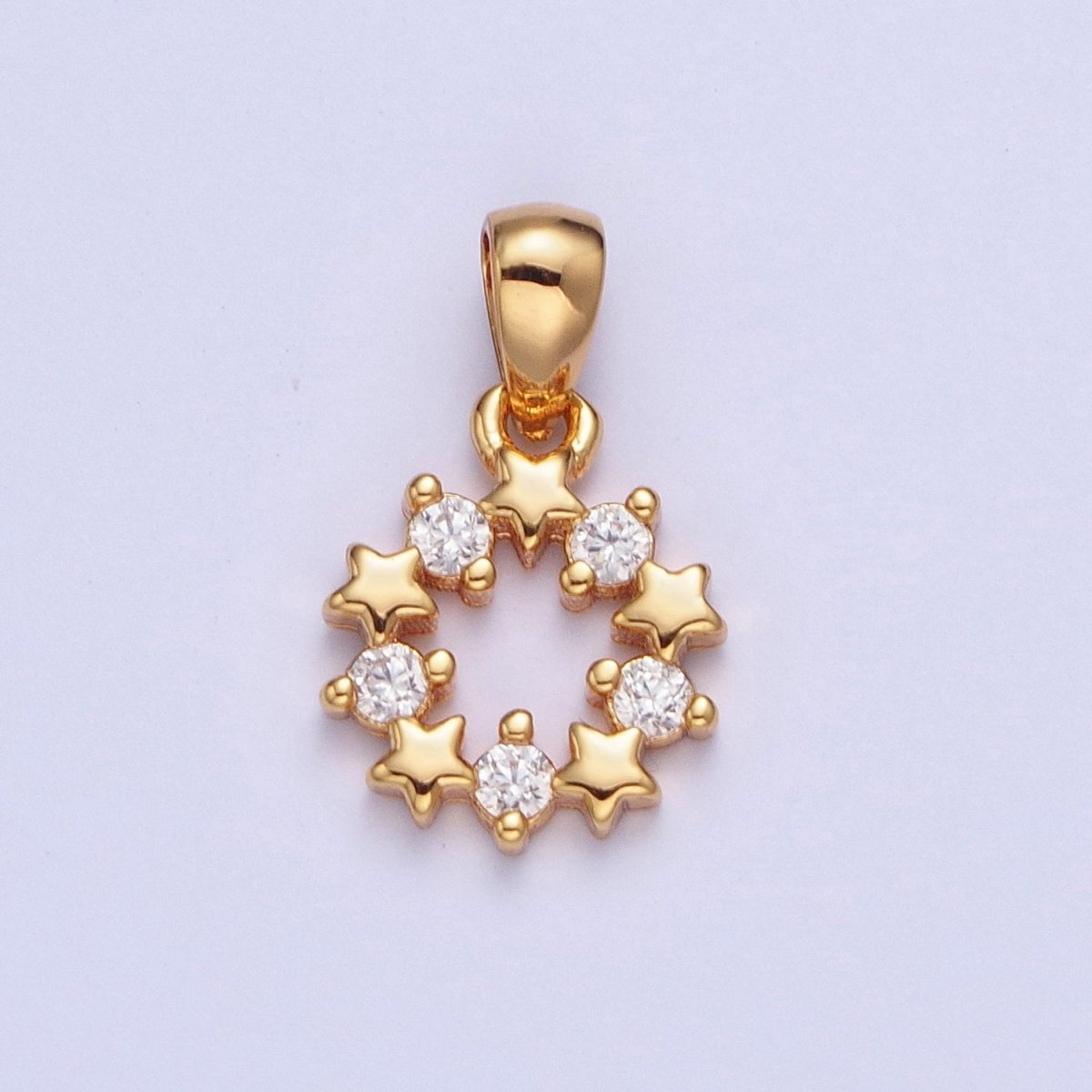 24K Gold plated Mini Round Open Celestial Star Cubic Zirconia Open Round Medallion Pendant Charm X-449 - DLUXCA