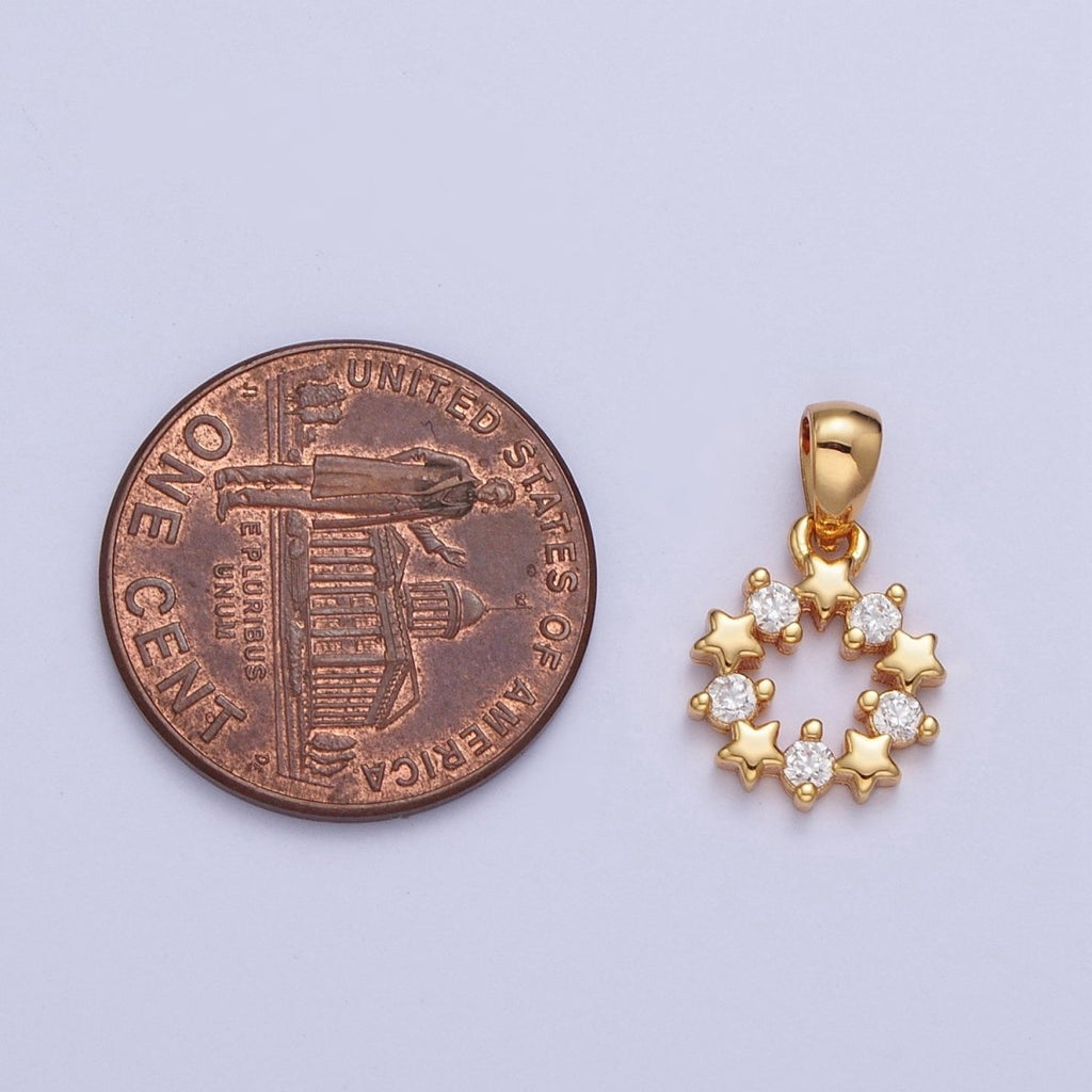 24K Gold plated Mini Round Open Celestial Star Cubic Zirconia Open Round Medallion Pendant Charm X-449 - DLUXCA