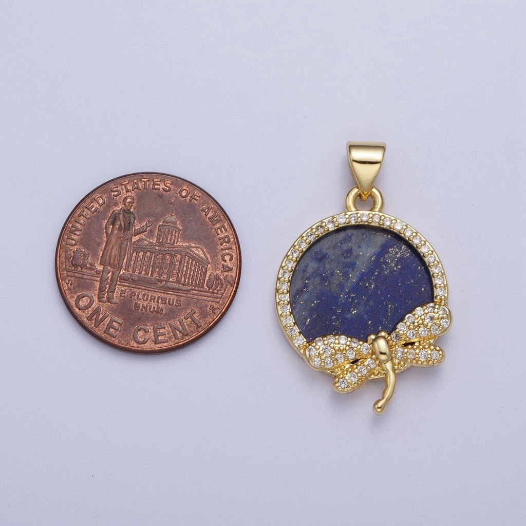 24K Gold plated Minimalist Blue Lapiz Micro Pave CZ Dragonfly Insect Round Pendant For Jewelry Making X-432 - DLUXCA