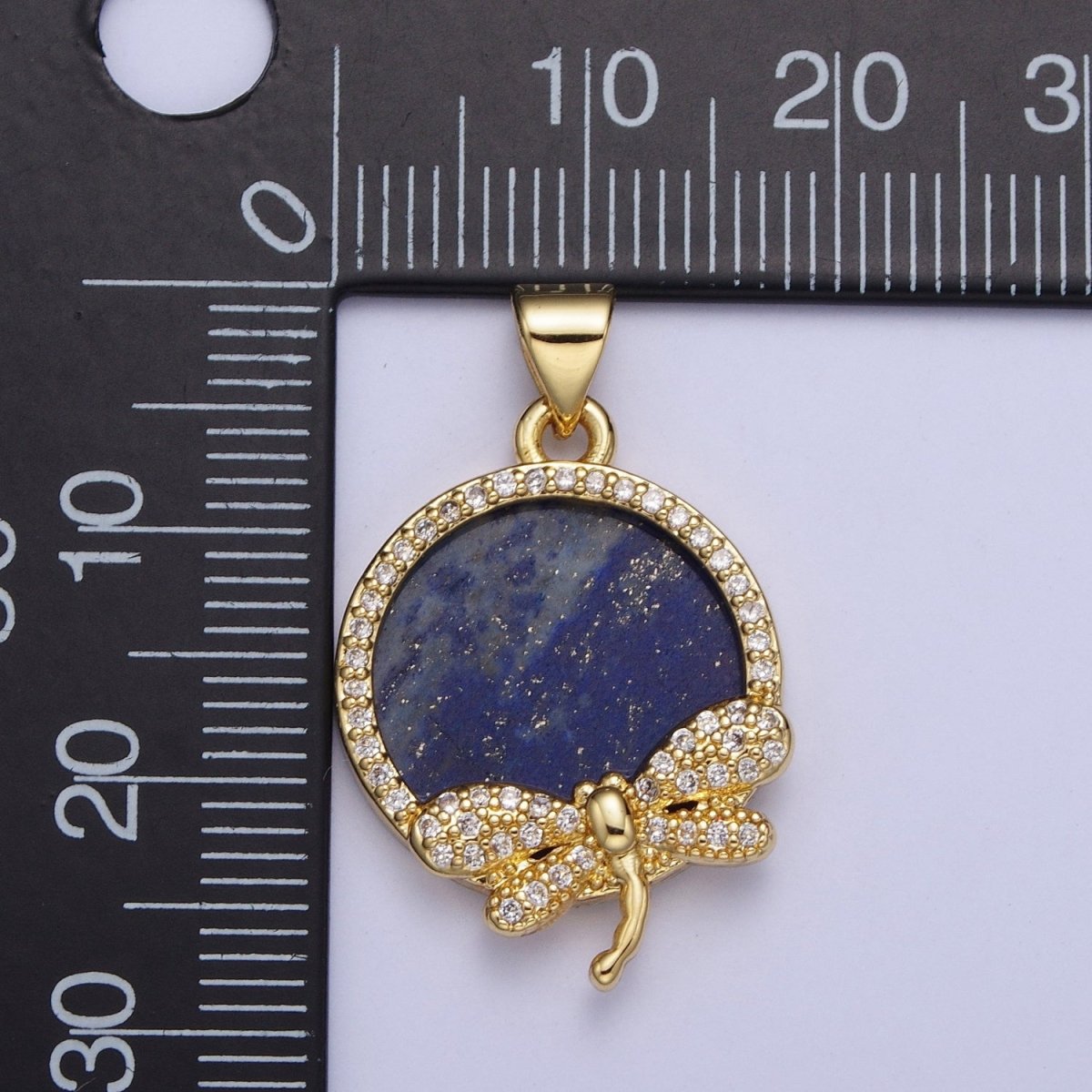 24K Gold plated Minimalist Blue Lapiz Micro Pave CZ Dragonfly Insect Round Pendant For Jewelry Making X-432 - DLUXCA