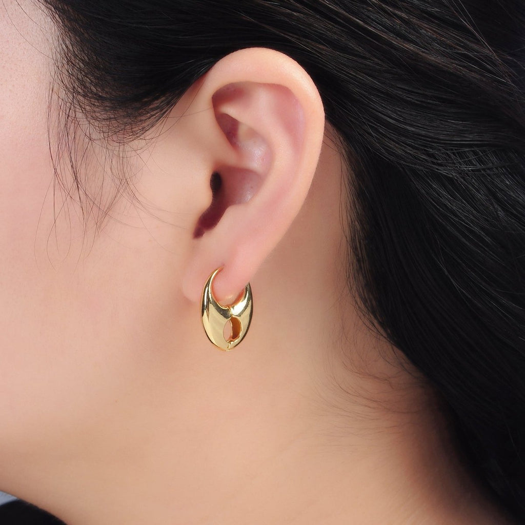 24K Gold plated Minimalist Geometric Open Dome Tab Huggie Earrings | Q487 - DLUXCA