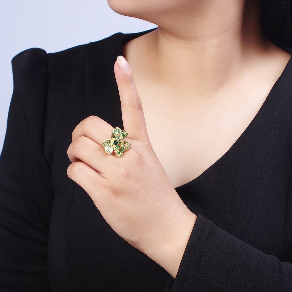 24K Gold plated Minimalist Green Bow Flower Clover Heart Green Baguette Ring S-241 - DLUXCA