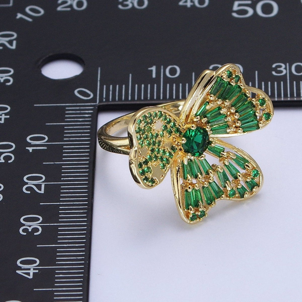 24K Gold plated Minimalist Green Bow Flower Clover Heart Green Baguette Ring S-241 - DLUXCA