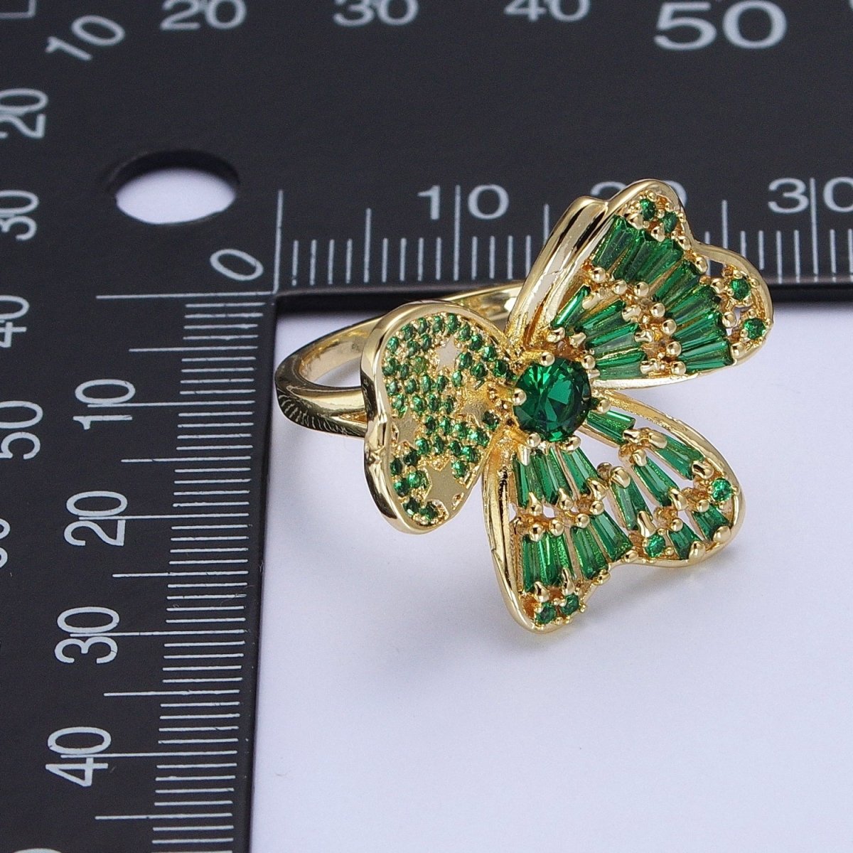 24K Gold plated Minimalist Green Bow Flower Clover Heart Green Baguette Ring S-241 - DLUXCA