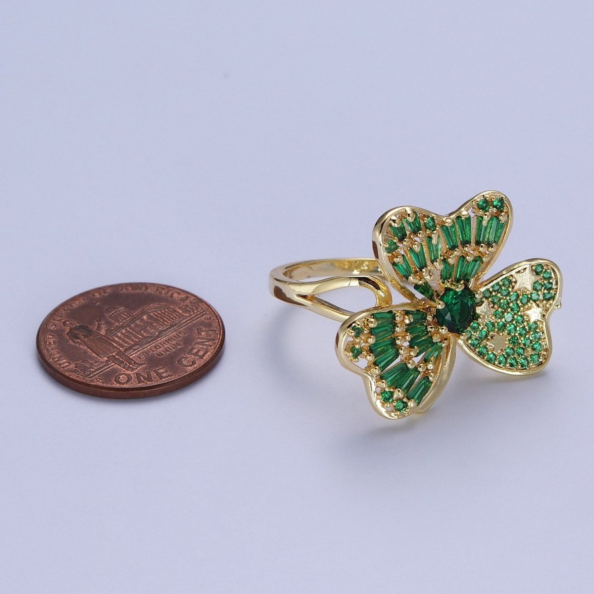24K Gold plated Minimalist Green Bow Flower Clover Heart Green Baguette Ring S-241 - DLUXCA