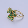 24K Gold plated Minimalist Green Bow Flower Clover Heart Green Baguette Ring S-241 - DLUXCA