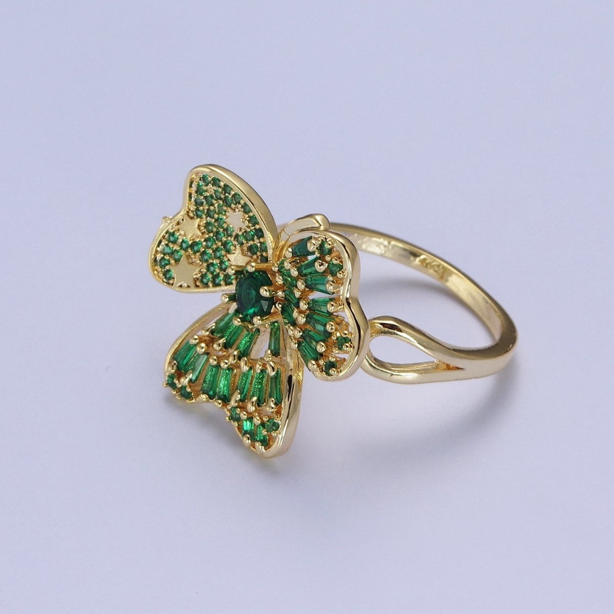 24K Gold plated Minimalist Green Bow Flower Clover Heart Green Baguette Ring S-241 - DLUXCA