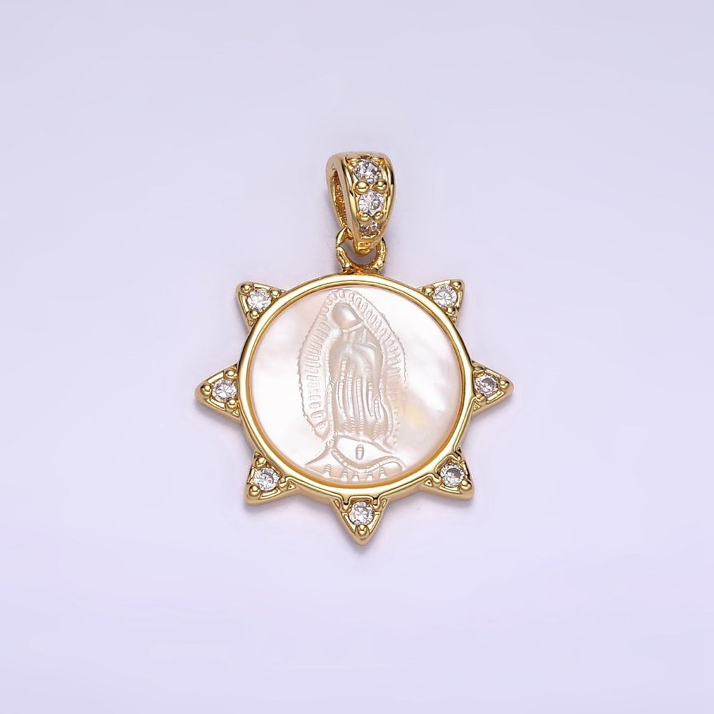 24K Gold plated Miraculous Mary Celestial Sun CZ Shell Pearl Pendant | AA057 - DLUXCA