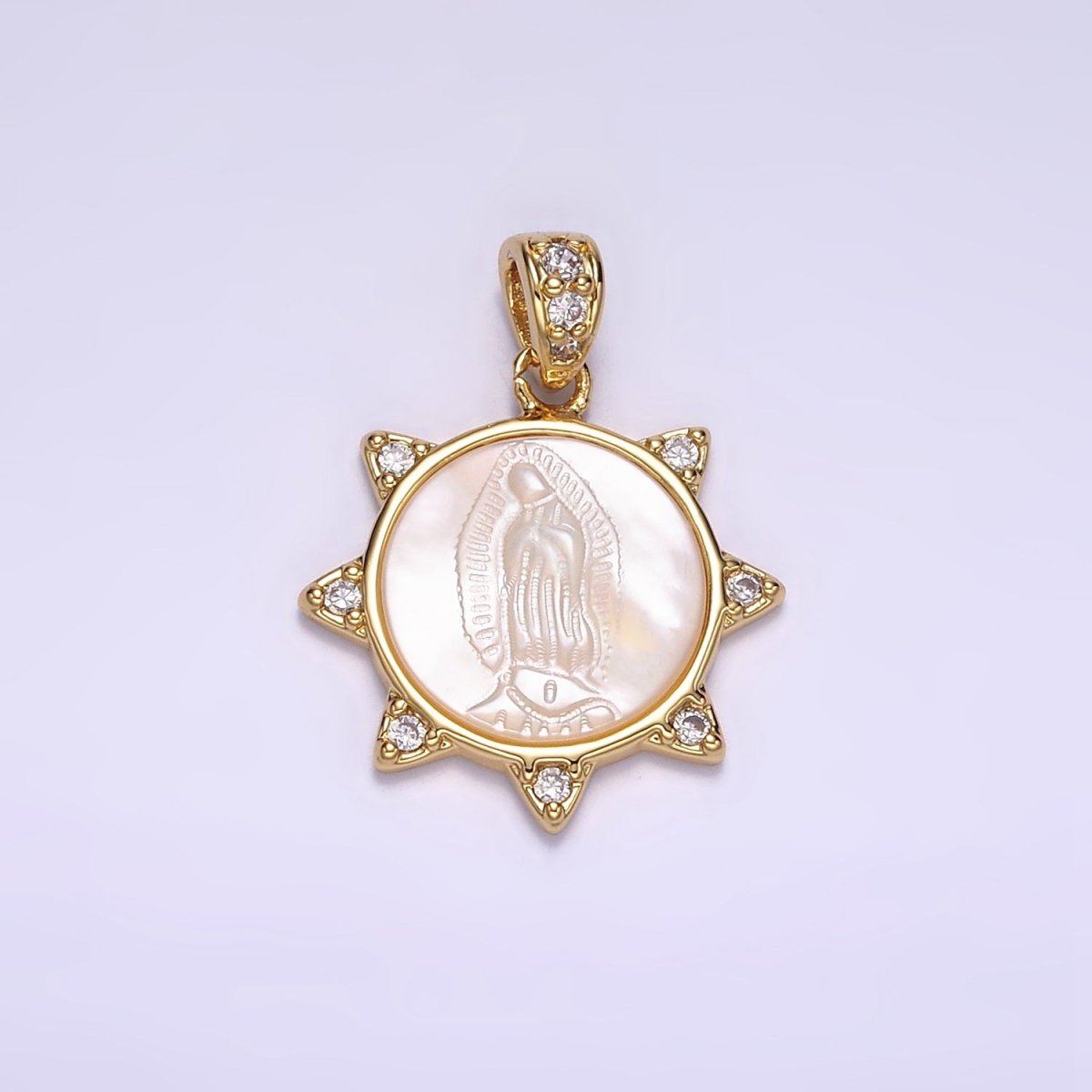 24K Gold plated Miraculous Mary Celestial Sun CZ Shell Pearl Pendant | AA057 - DLUXCA