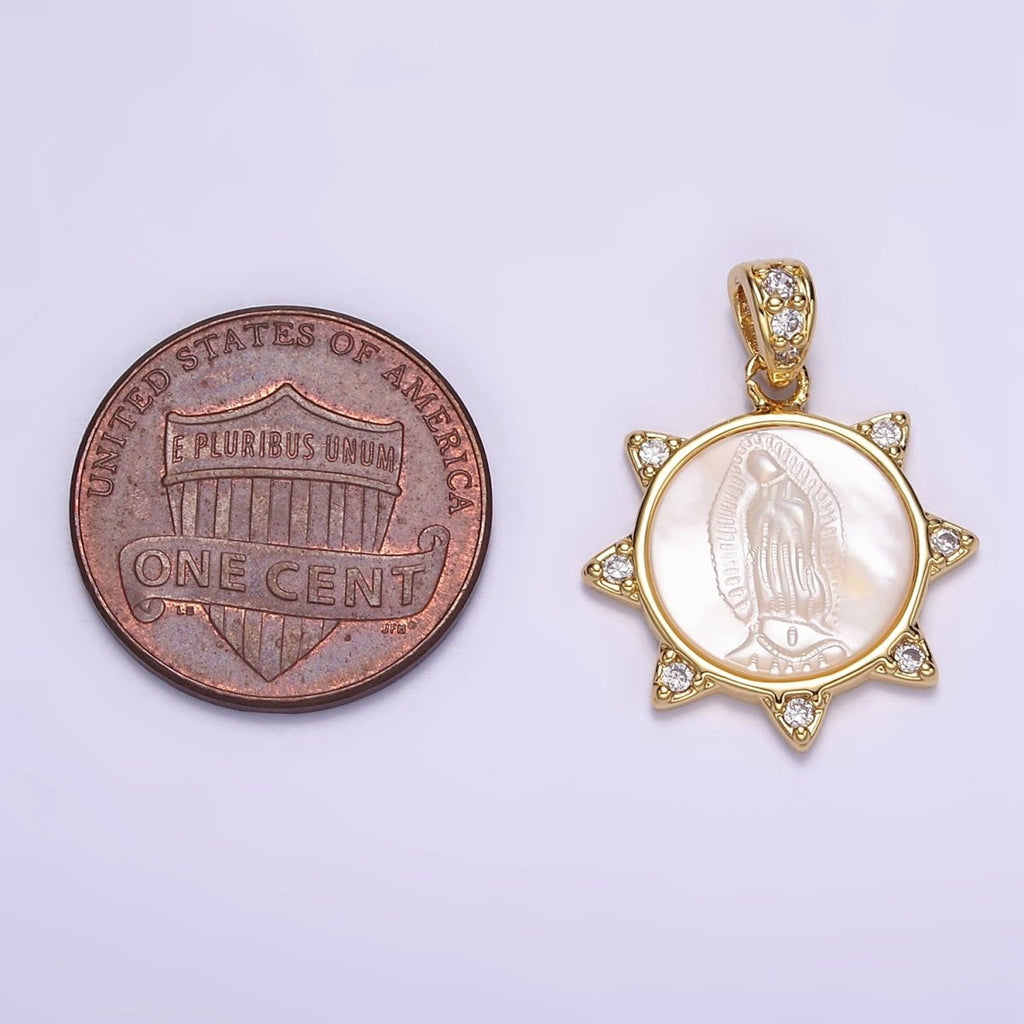 24K Gold plated Miraculous Mary Celestial Sun CZ Shell Pearl Pendant | AA057 - DLUXCA