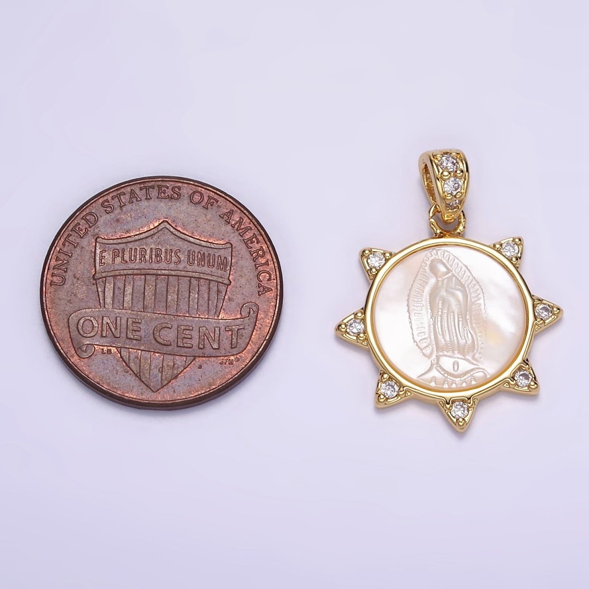 24K Gold plated Miraculous Mary Celestial Sun CZ Shell Pearl Pendant | AA057 - DLUXCA