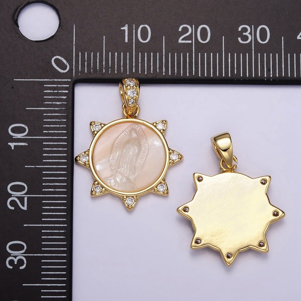 24K Gold plated Miraculous Mary Celestial Sun CZ Shell Pearl Pendant | AA057 - DLUXCA