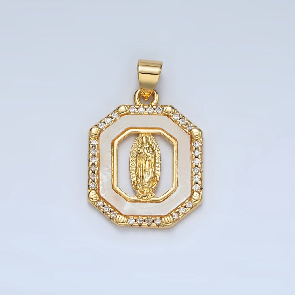 24K Gold plated Miraculous Mary Religious Figure Shell Pearl Micro Paved CZ Hexagon Pendant | I154 - DLUXCA