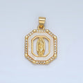 24K Gold plated Miraculous Mary Religious Figure Shell Pearl Micro Paved CZ Hexagon Pendant | I154 - DLUXCA
