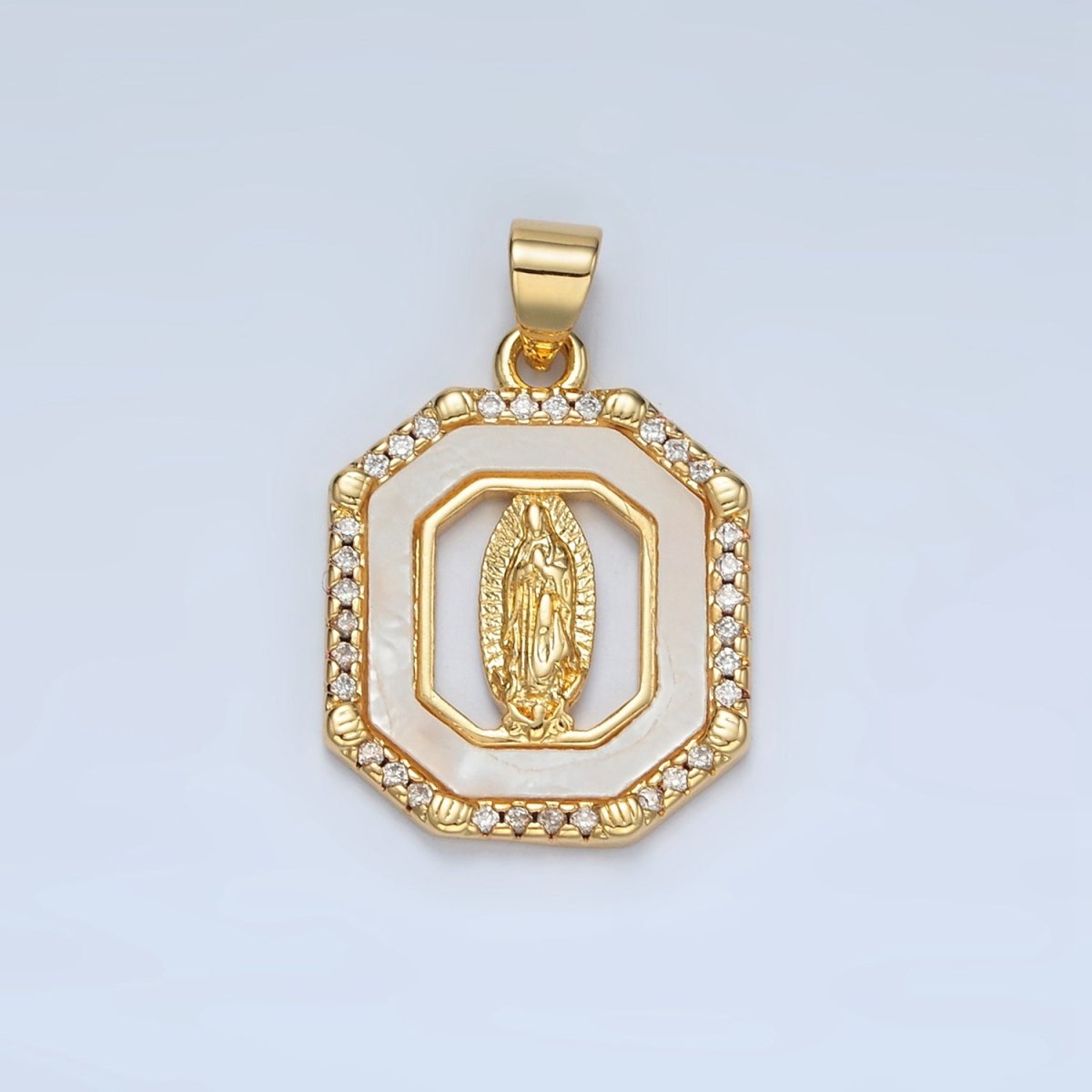 24K Gold plated Miraculous Mary Religious Figure Shell Pearl Micro Paved CZ Hexagon Pendant | I154 - DLUXCA