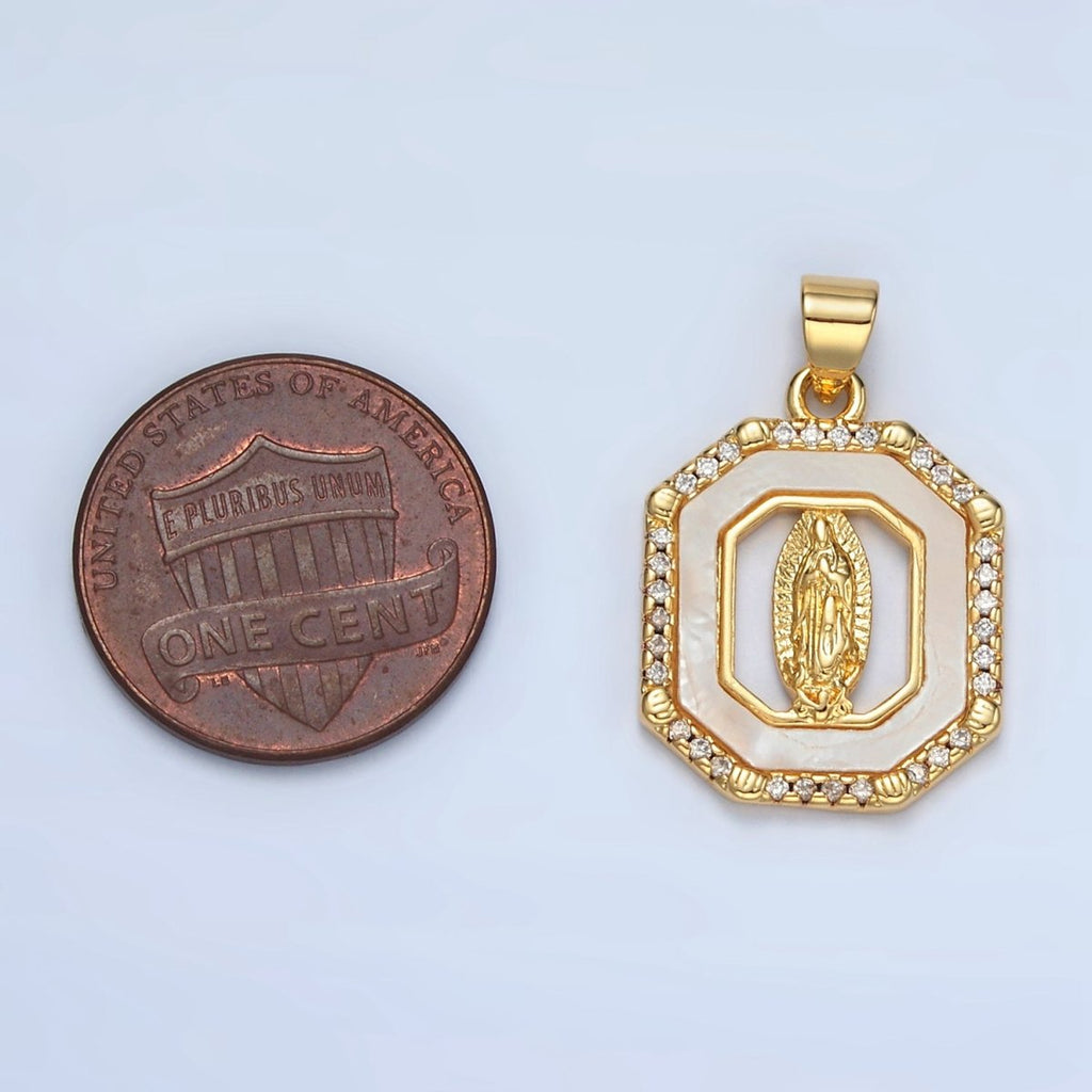 24K Gold plated Miraculous Mary Religious Figure Shell Pearl Micro Paved CZ Hexagon Pendant | I154 - DLUXCA