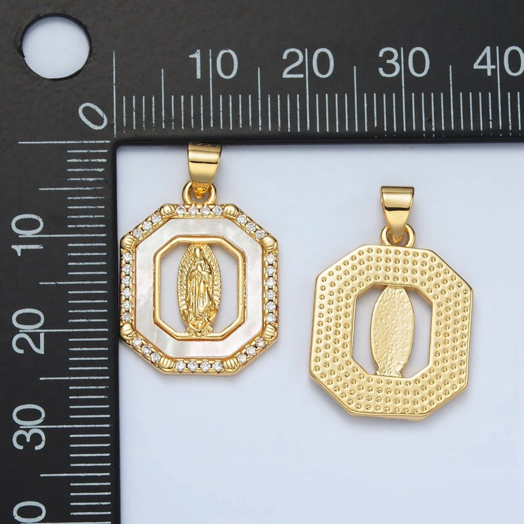 24K Gold plated Miraculous Mary Religious Figure Shell Pearl Micro Paved CZ Hexagon Pendant | I154 - DLUXCA