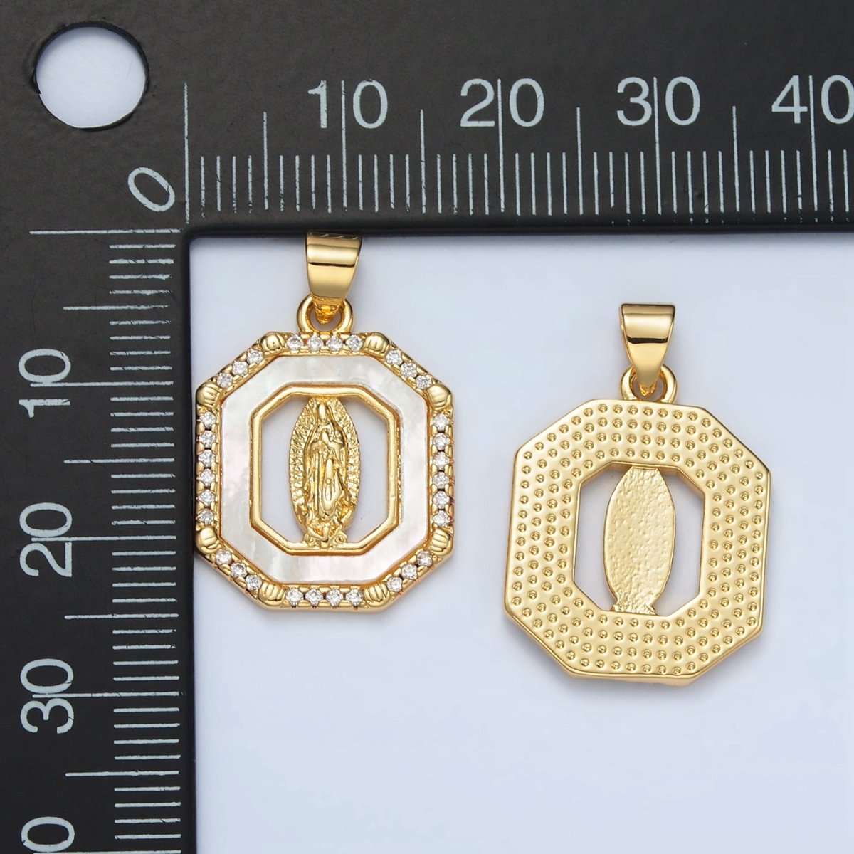 24K Gold plated Miraculous Mary Religious Figure Shell Pearl Micro Paved CZ Hexagon Pendant | I154 - DLUXCA