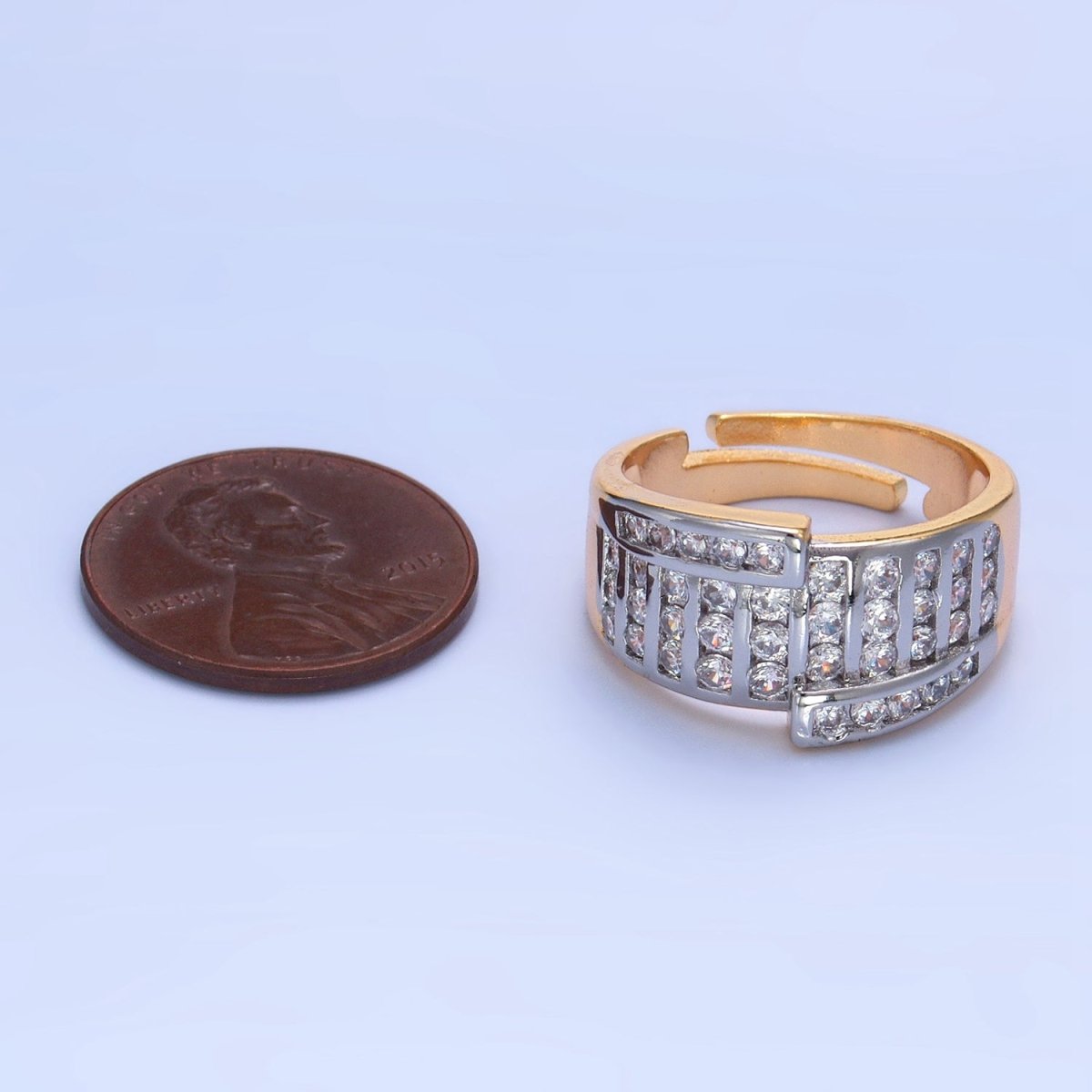 24K Gold plated Mixed Metal Micro Paved CZ Geometric Wide Band Signet Ring | U397 - DLUXCA