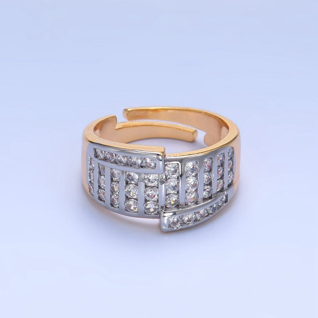 24K Gold plated Mixed Metal Micro Paved CZ Geometric Wide Band Signet Ring | U397 - DLUXCA