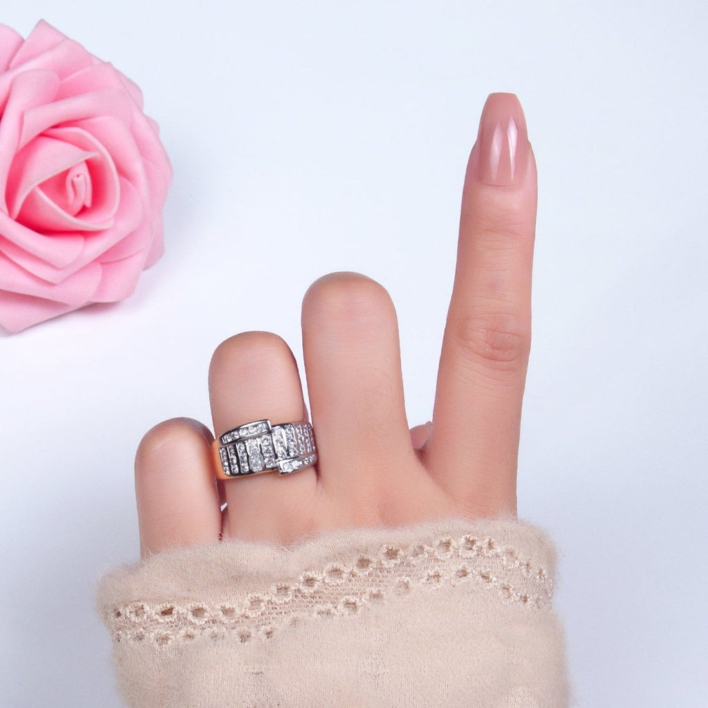 24K Gold plated Mixed Metal Micro Paved CZ Geometric Wide Band Signet Ring | U397 - DLUXCA