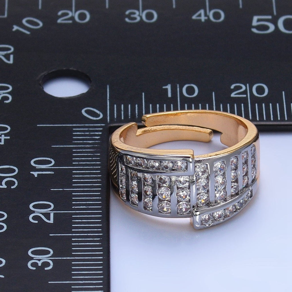 24K Gold plated Mixed Metal Micro Paved CZ Geometric Wide Band Signet Ring | U397 - DLUXCA