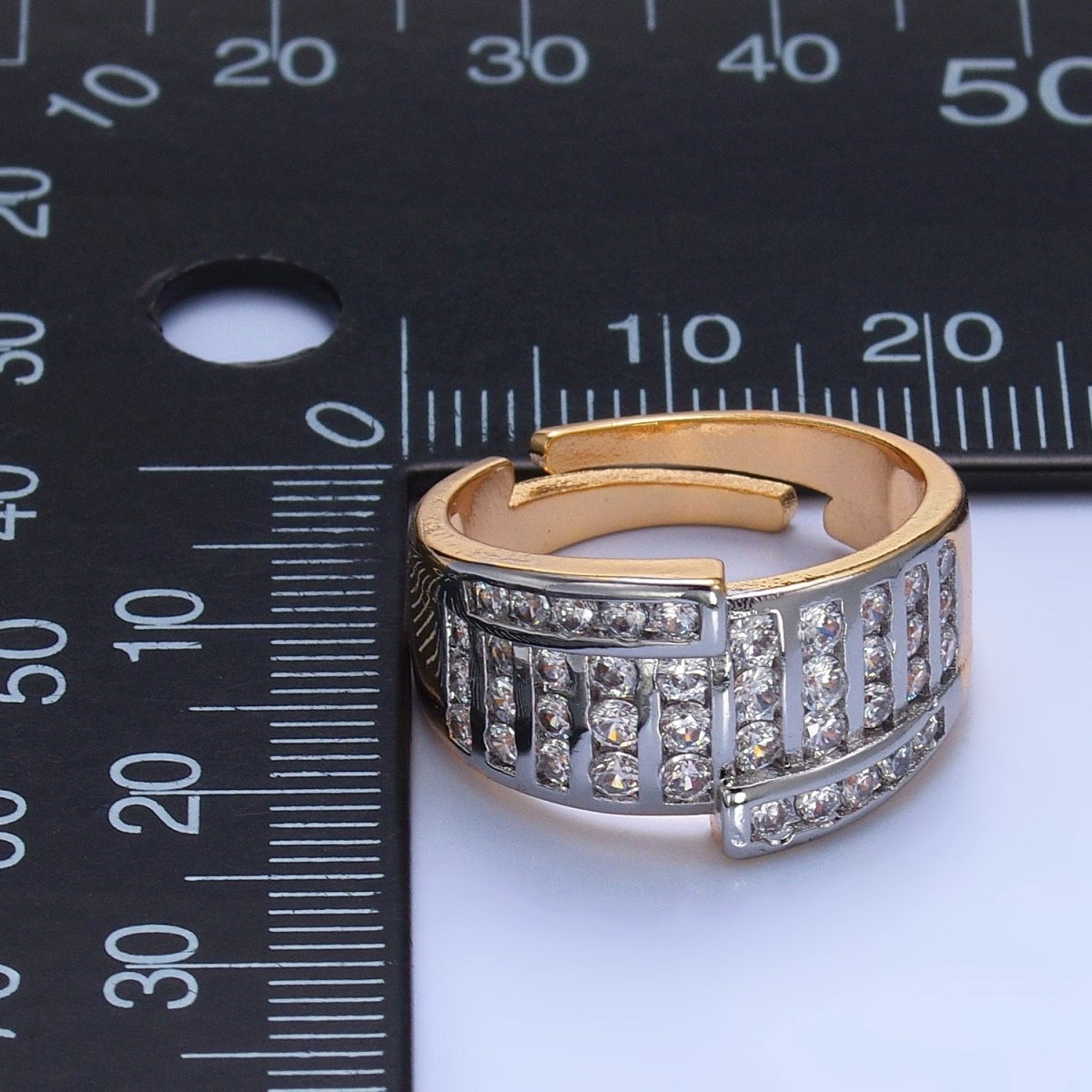 24K Gold plated Mixed Metal Micro Paved CZ Geometric Wide Band Signet Ring | U397 - DLUXCA