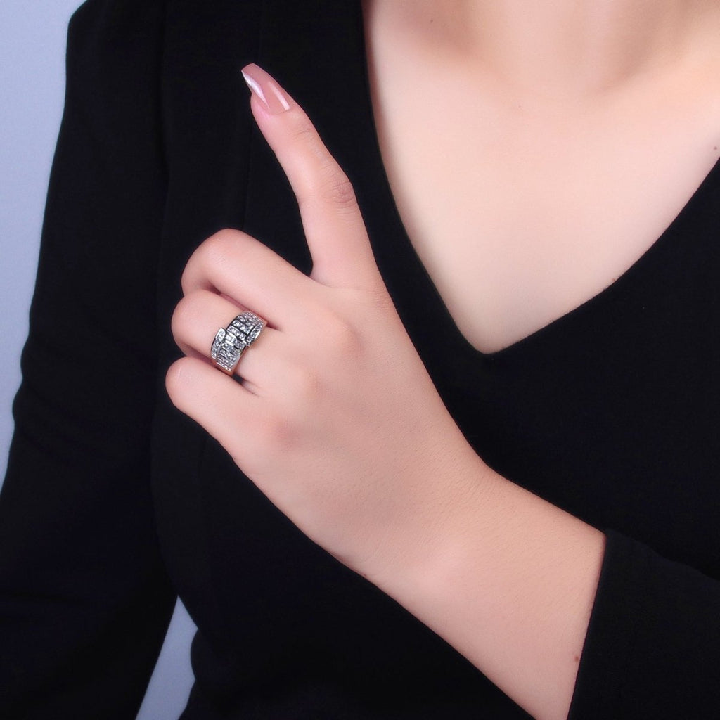 24K Gold plated Mixed Metal Micro Paved CZ Geometric Wide Band Signet Ring | U397 - DLUXCA