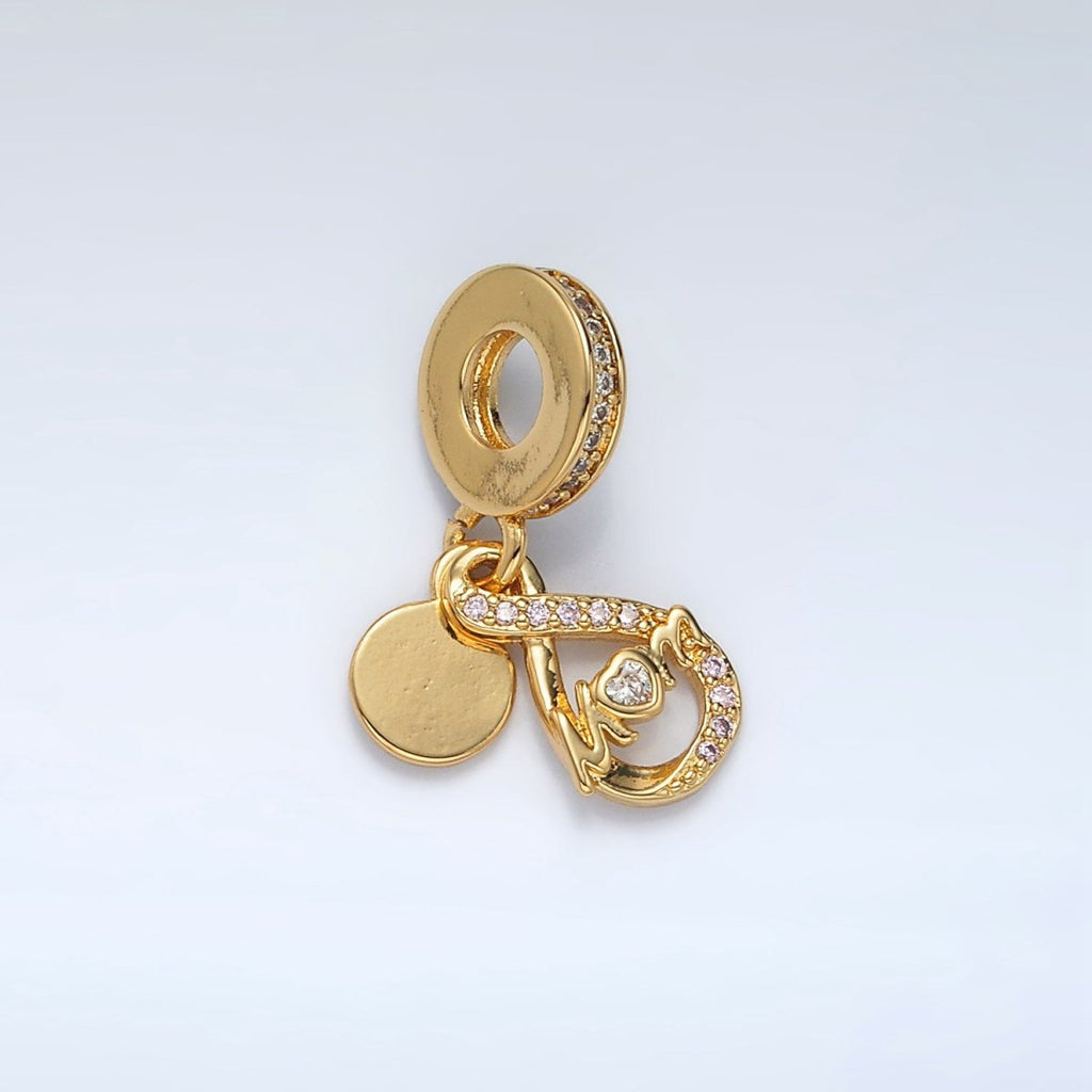 24K Gold plated "MOM" Infinity Micro Paced CZ Rhondelle Bail Double Drop Pendant | AC093 - DLUXCA