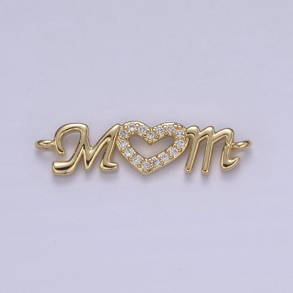 24K Gold plated Mom Link Connector Silver Micro Pave CZ Heart Charm Connector Mother with Heart Micro Pave CZ Connector F-815 F-816 - DLUXCA