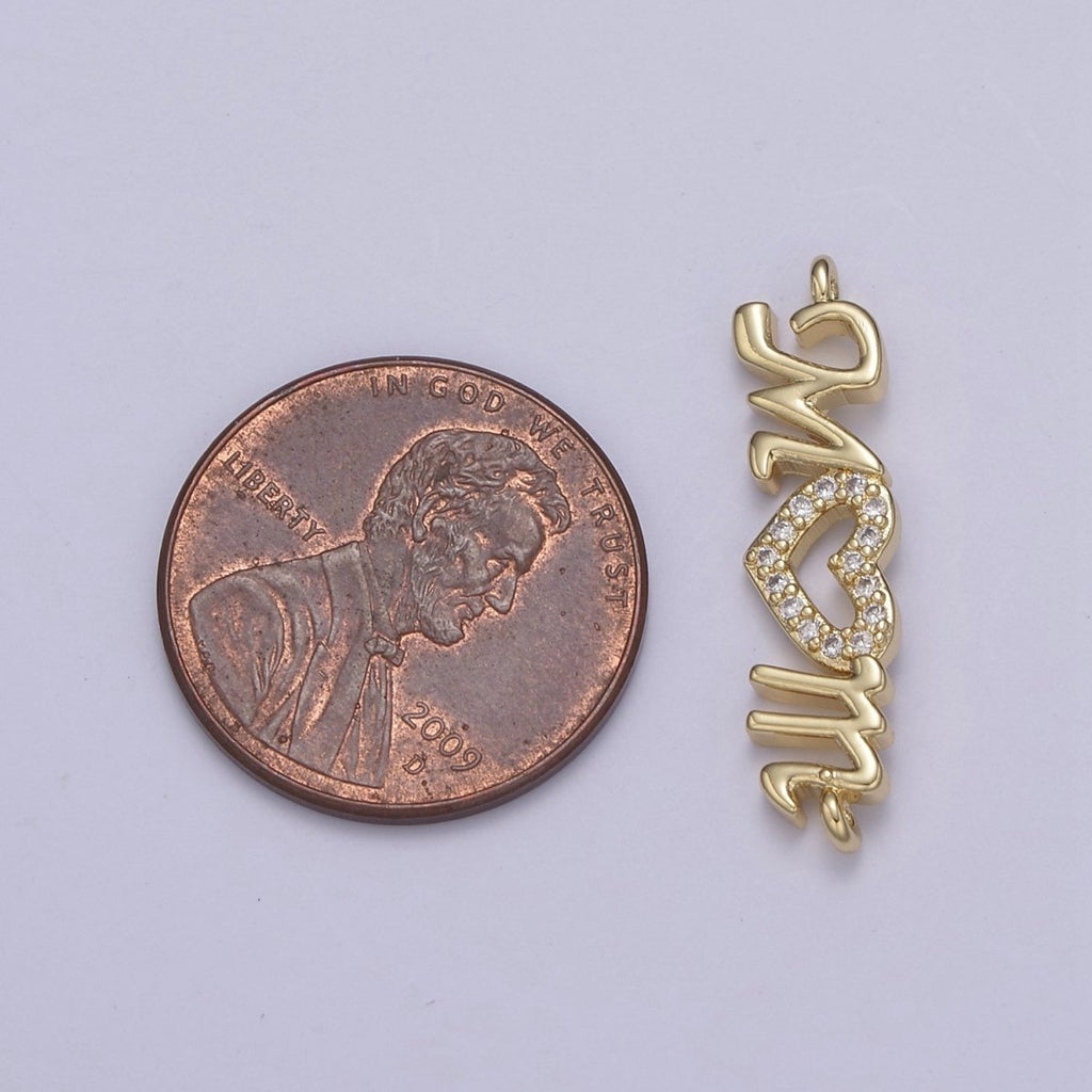 24K Gold plated Mom Link Connector Silver Micro Pave CZ Heart Charm Connector Mother with Heart Micro Pave CZ Connector F-815 F-816 - DLUXCA