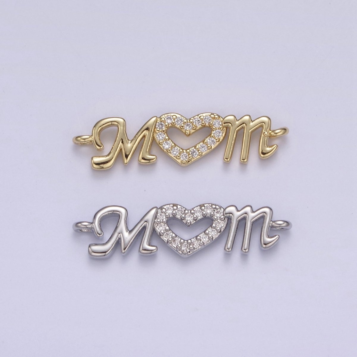 24K Gold plated Mom Link Connector Silver Micro Pave CZ Heart Charm Connector Mother with Heart Micro Pave CZ Connector F-815 F-816 - DLUXCA