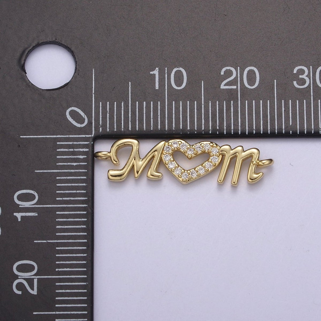 24K Gold plated Mom Link Connector Silver Micro Pave CZ Heart Charm Connector Mother with Heart Micro Pave CZ Connector F-815 F-816 - DLUXCA