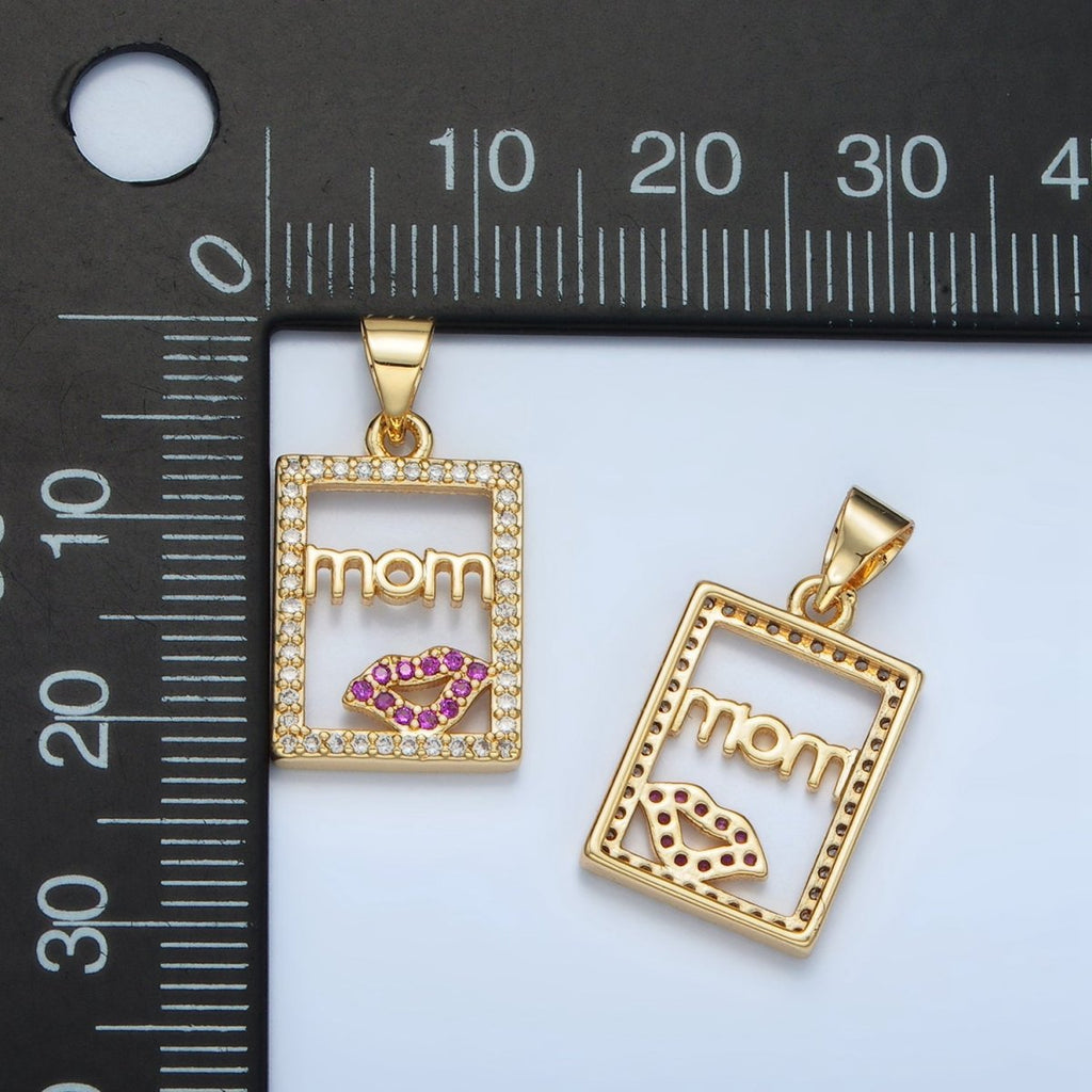 24K Gold plated "MOM" Script Lips Open Rectangular Micro Paved Pendant | I680 - DLUXCA