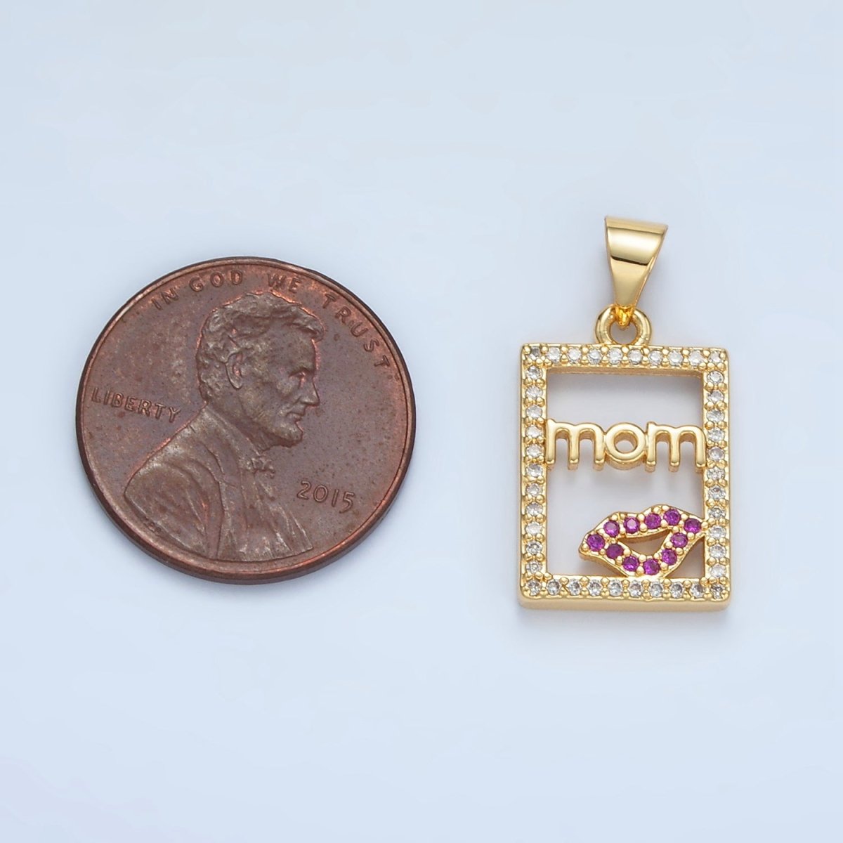 24K Gold plated "MOM" Script Lips Open Rectangular Micro Paved Pendant | I680 - DLUXCA