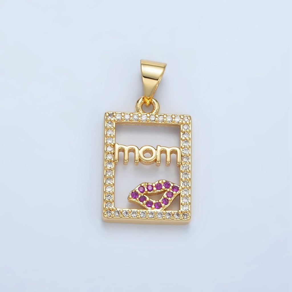 24K Gold plated "MOM" Script Lips Open Rectangular Micro Paved Pendant | I680 - DLUXCA