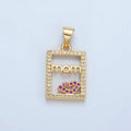 24K Gold plated "MOM" Script Lips Open Rectangular Micro Paved Pendant | I680 - DLUXCA