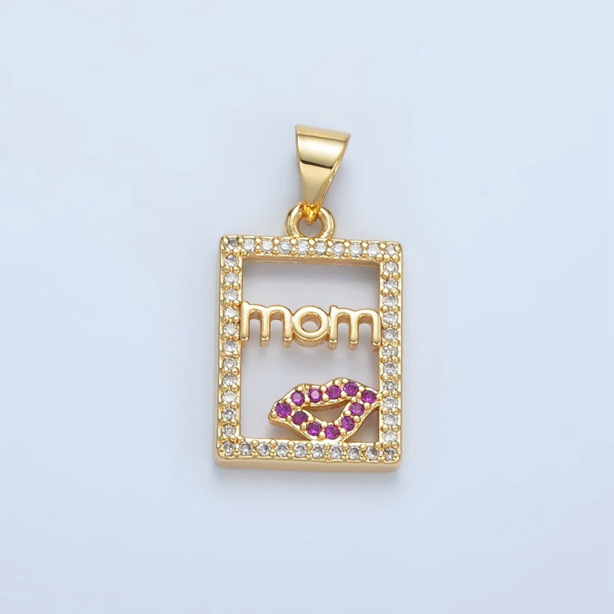 24K Gold plated "MOM" Script Lips Open Rectangular Micro Paved Pendant | I680 - DLUXCA