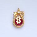 24K Gold plated Money Bag Dollar Red CZ Micro Paved Open Teardrop Charm | W083 - DLUXCA