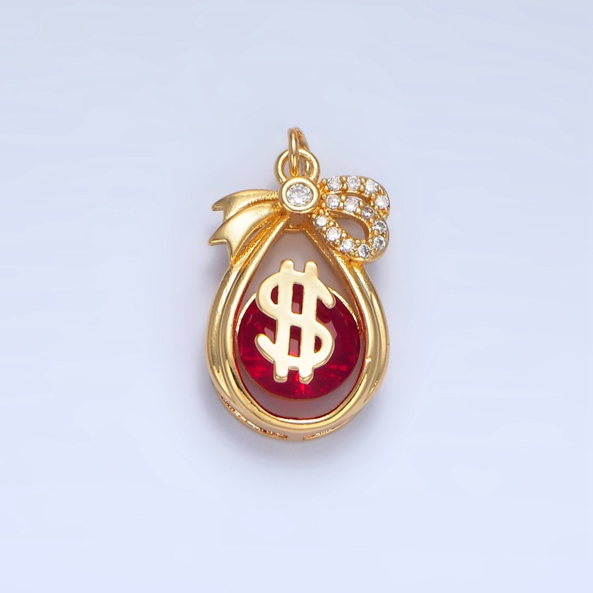 24K Gold plated Money Bag Dollar Red CZ Micro Paved Open Teardrop Charm | W083 - DLUXCA