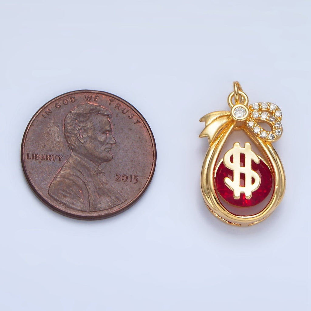 24K Gold plated Money Bag Dollar Red CZ Micro Paved Open Teardrop Charm | W083 - DLUXCA