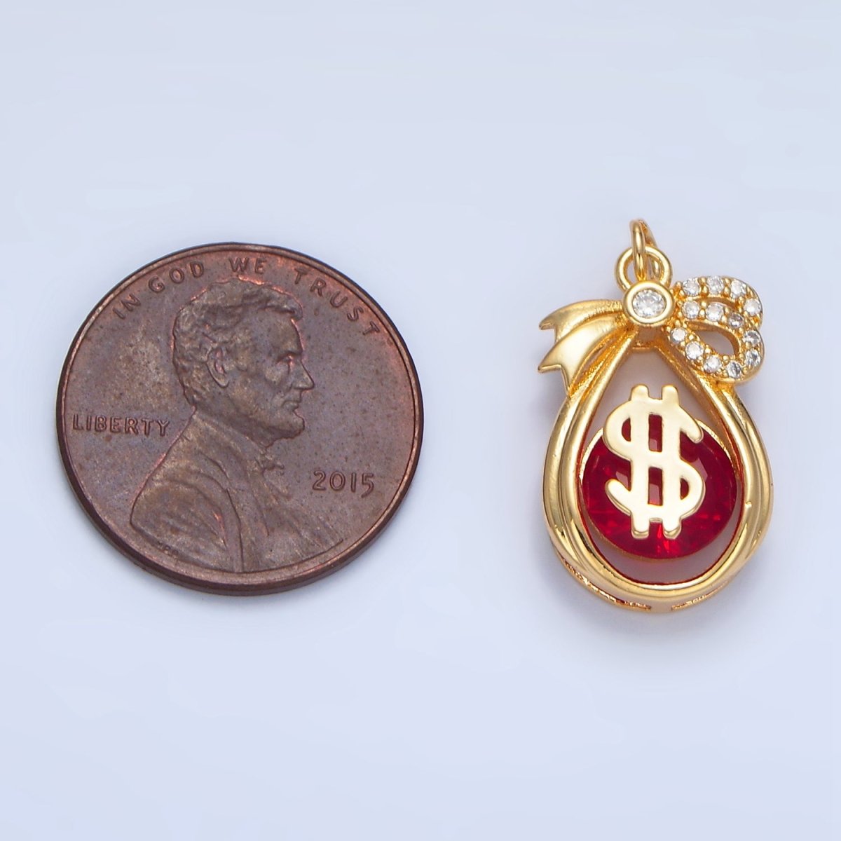 24K Gold plated Money Bag Dollar Red CZ Micro Paved Open Teardrop Charm | W083 - DLUXCA