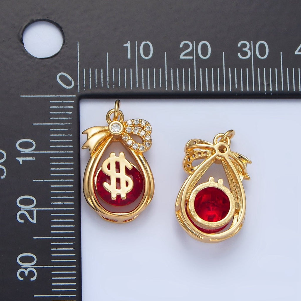 24K Gold plated Money Bag Dollar Red CZ Micro Paved Open Teardrop Charm | W083 - DLUXCA