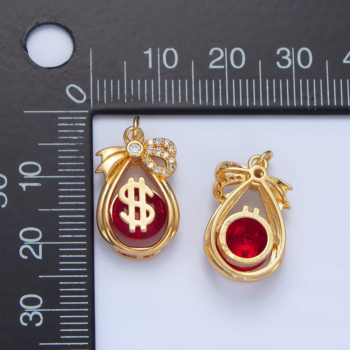 24K Gold plated Money Bag Dollar Red CZ Micro Paved Open Teardrop Charm | W083 - DLUXCA