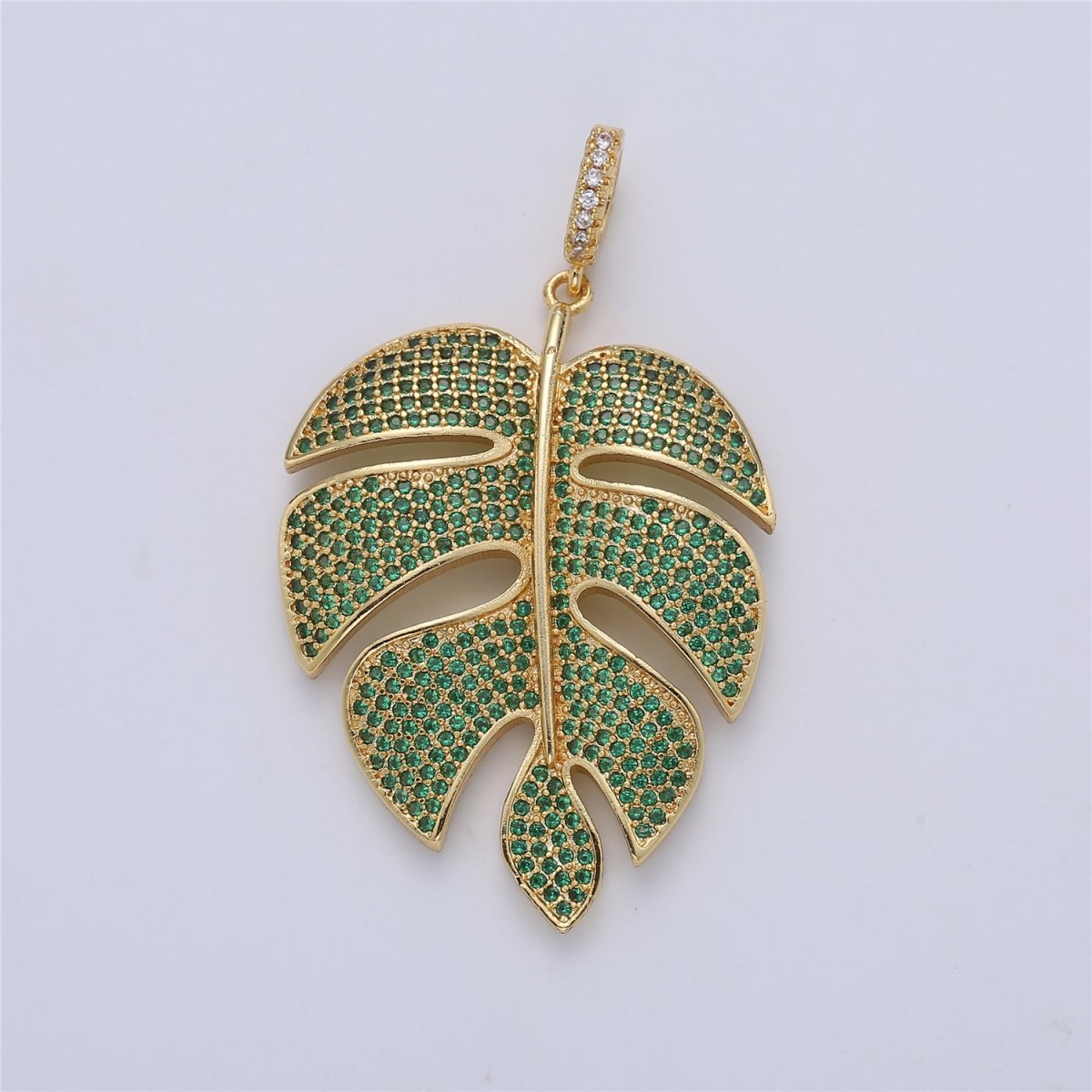 24K Gold plated Monstera Palm Leaf Green Mircro Paved CZ Pendant I-165 - DLUXCA