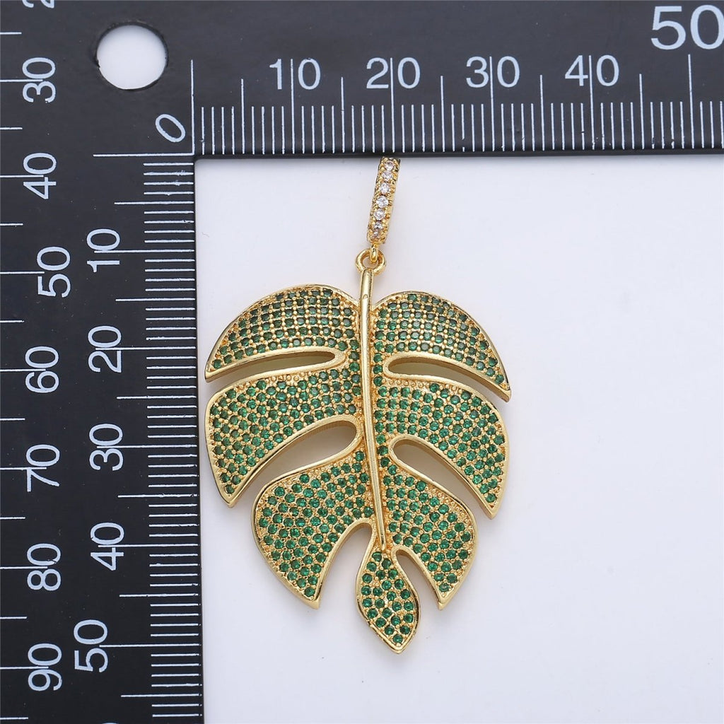 24K Gold plated Monstera Palm Leaf Green Mircro Paved CZ Pendant I-165 - DLUXCA